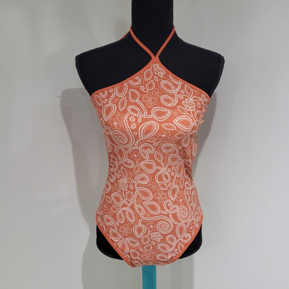 Aerie Women's One Piece Halter Paisley Cut Out Swimsuit Large Orange Beach Pool